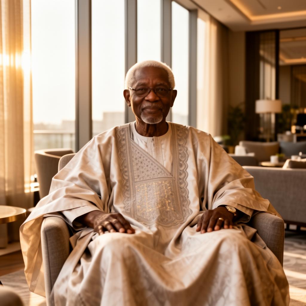 Dignified elderly Nigerian gentleman in a sunlit Lagos lounge