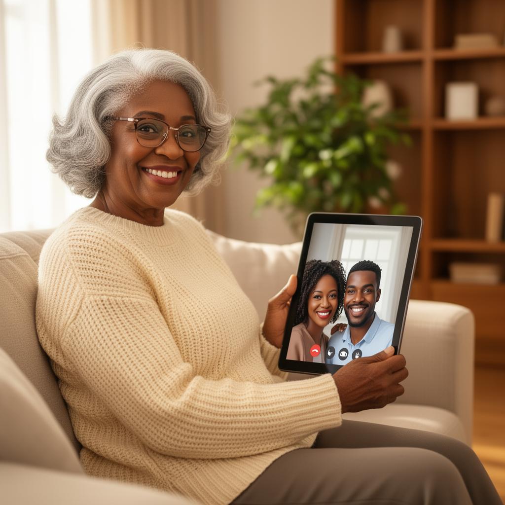 Elderly Nigerian woman on a video call with her family