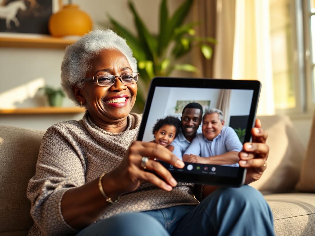 Elderly Nigerian woman on a video call with her family
