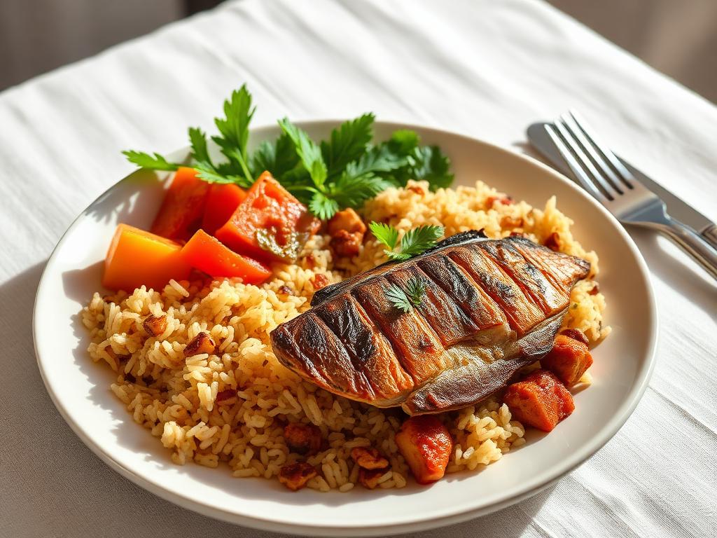 Beautifully plated Nigerian healthy meal on a linen table